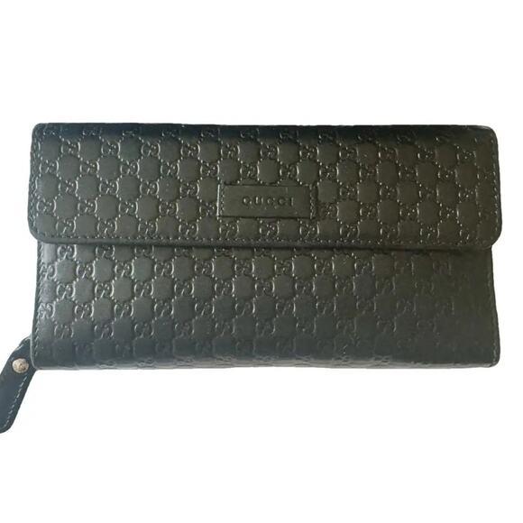 Authentic Gucci Microguccisima Folding & Zip Black Leather Long Wallet Purse